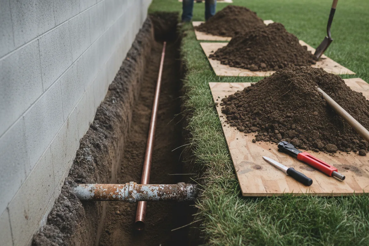 Excavated water line trench during Sewer Line Repair in Candler